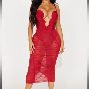 NEW Fashion Nova Red Bandage Mesh Corset Midi Dress